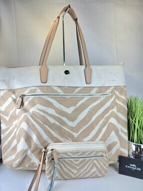 COACH Beige & White Zebra Print Canvas Shoulder Tote Bag with Wristlet Set Rehab